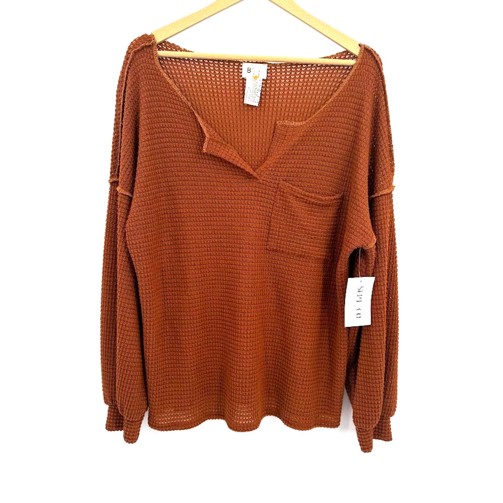BiBi Womens Waffle Knit Top Small Rust Brown V Neck Pocket Oversized NWT